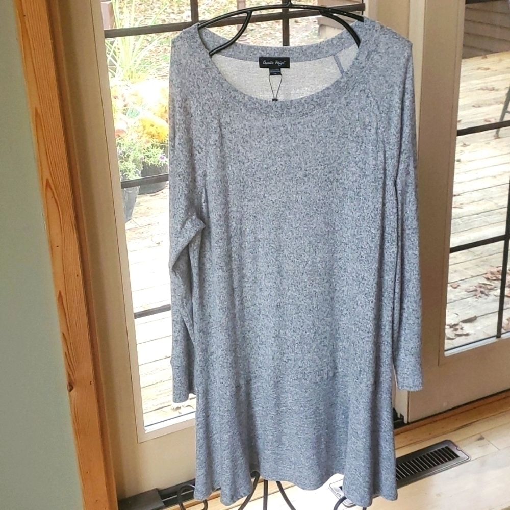 Charlie Paige Lt. Gray Sweater Long Slv Slightly Pleated ~6" Hem Line Sz L Dress